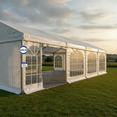 ซื้อ UK Post Brexit Market Compliant Party Marquee Tent UKCA ทำเครื่องหมายมาตรฐานอังกฤษ BS 7837 โครงสร้างหลังคาส่งออกของยุโรป การผลิตออนไลน์