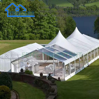 Quick-Assembly Family Party Marquee Tents กรอบโลหะผสมเสริมแรงโครงสร้างหลังคา PVC ขนาดกะทัดรัดทนไฟ