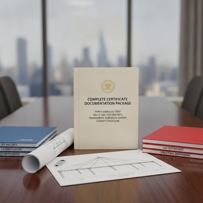 เอกสารประกอบใบรับรองที่สมบูรณ์แพ็คเกจปาร์ตี้เต็นท์กระโจม ISO CE รายงานการทดสอบ SGS วิศวกรรมโครงสร้างหลังคาส่งออกของยุโรป