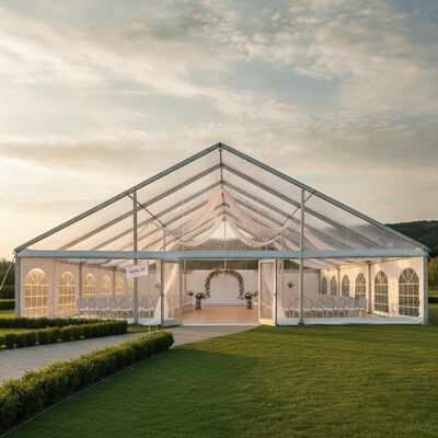 โครงการการค้า Clear Span Aluminum Frame Tent NFPA 701 กันไฟ PVC สถานที่จัดงานแต่งงานอเมริกัน