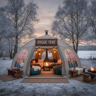 เดนมาร์ก Hygge โฮสติก อีเวนต์ ปาร์ตี้ มาร์กิวเต็นท์ กันหนาว บรรยากาศอบอุ่น ออกแบบสําหรับเดนมาร์ก การชุมนุมทางสังคมกลางแจ้ง